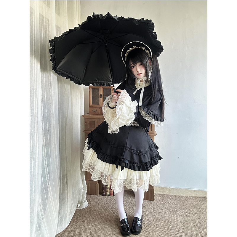 日系学院风甜美Lolita裙蓬蓬连衣裙黑色斗篷两件套女洋装洛丽塔裙