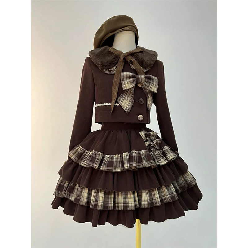 【巧克力蛋糕】棕色系日系lolita软萌毛呢外套蛋糕蓬蓬裙套装女冬