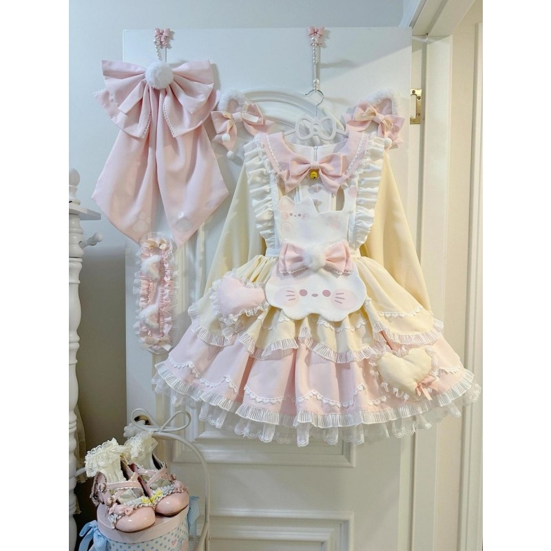 可爱甜美洛丽塔Lolita裙软妹风撞色拼接粉色蓬蓬裙背带围裙两件套