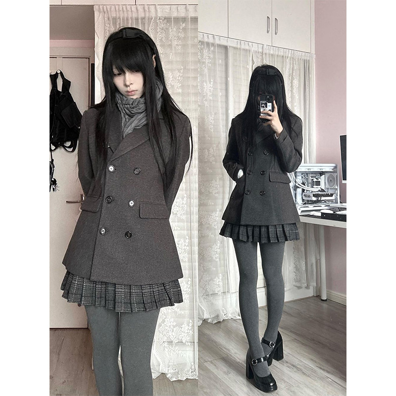 日系制服毛呢外套格纹半身裙套装学院风小众设计感加厚呢子大衣冬