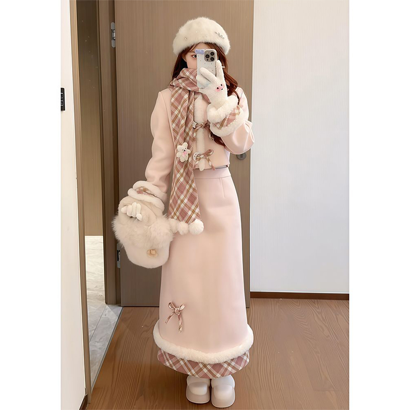 日系高级气氛围萌系甜美蝴蝶结外套半裙围巾三件套lolita小个子女