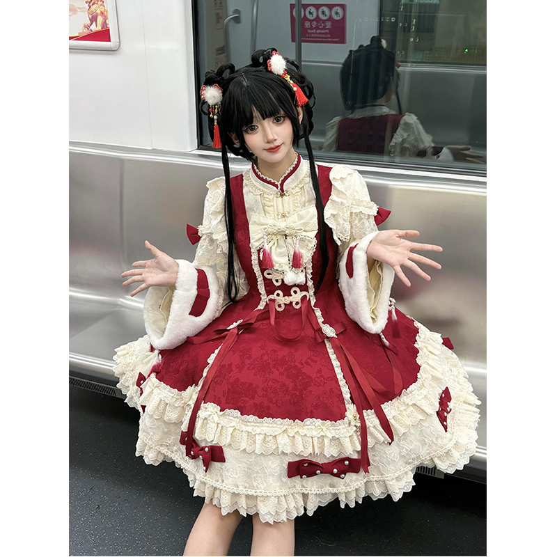 甜美红色Lolita连衣裙秋冬新款少女感旗袍洛丽塔在逃公主蓬蓬裙女