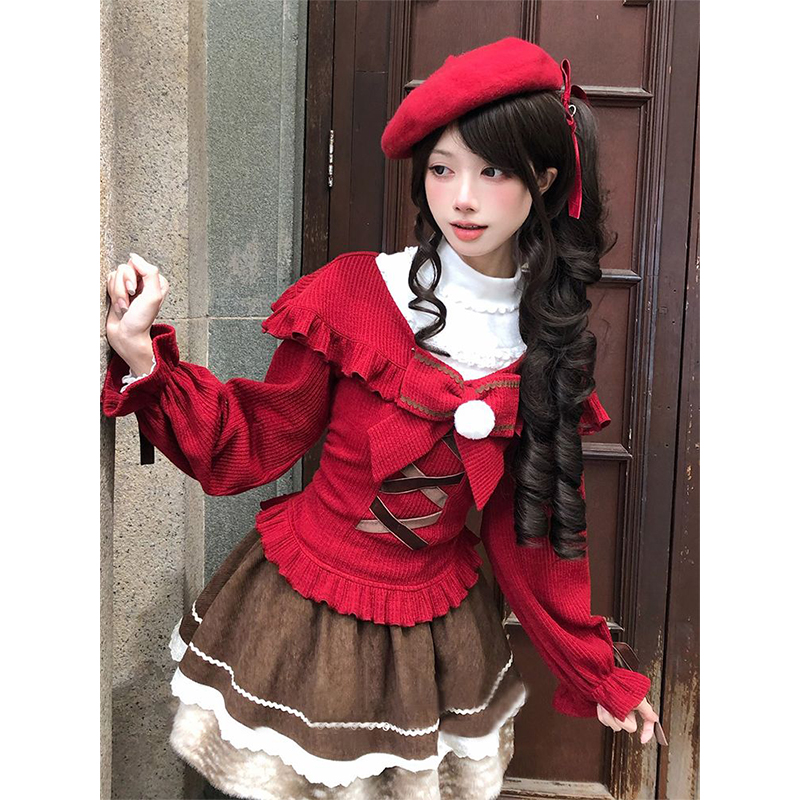 圣诞新年氛围感古早风蝴蝶结辣妹上衣半裙三件套洛丽塔lolita裙子