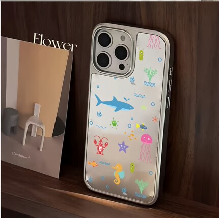 春夏清新可爱苹果手机壳17pro海洋生物iPhone14镜面壳15plus卡通水母鱼龙虾海马16promax女款12高级13外壳11