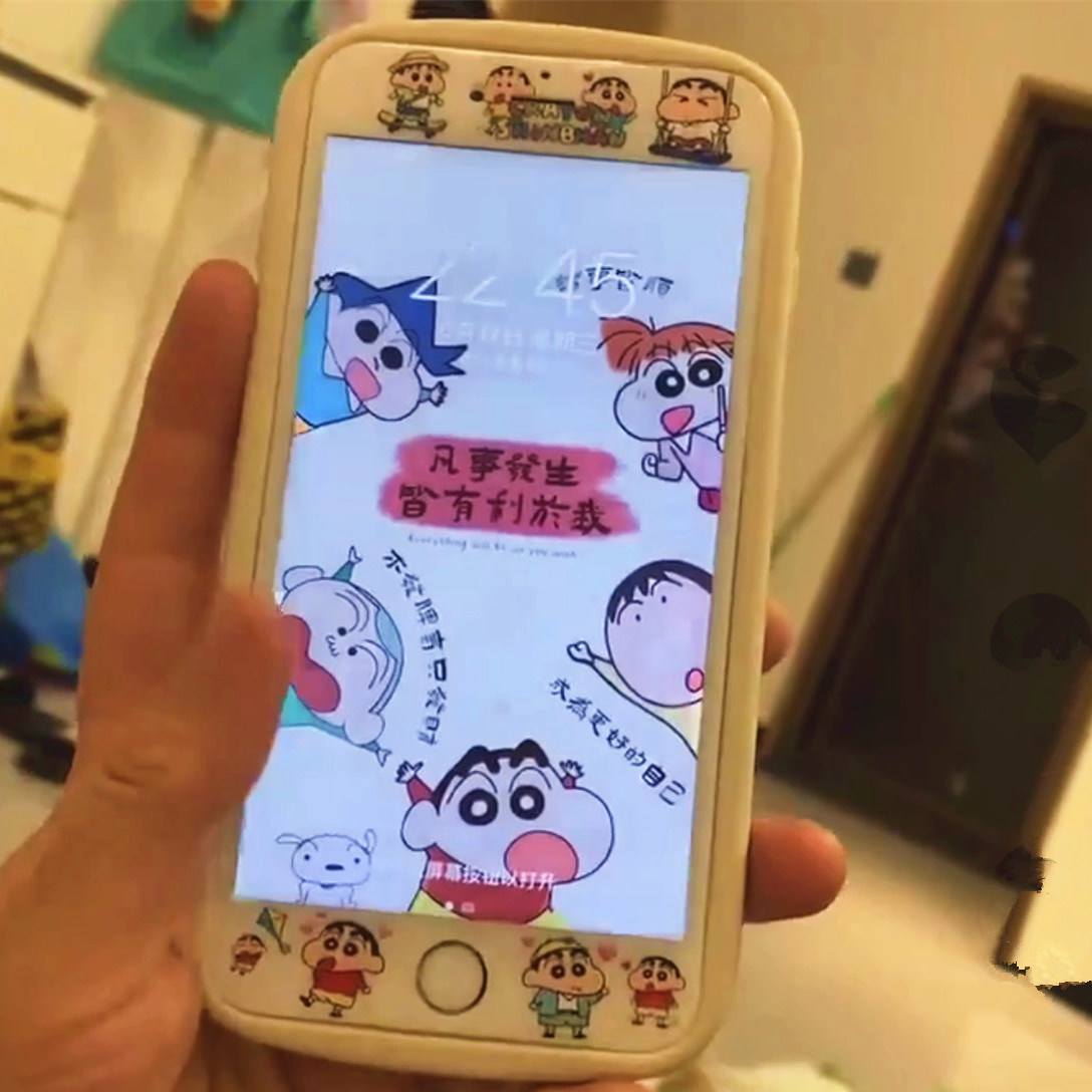 适用苹果4s手机壳女5se全包卡通7硅胶适用iPhone8plus钢化膜6彩膜小新少女心手机膜