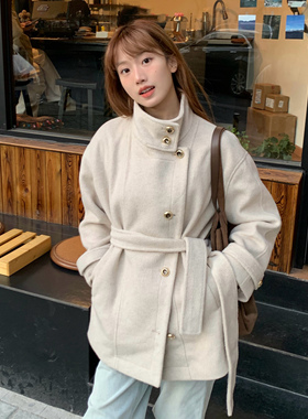 OUT OF OCEAN 25AW 绑带立领宽松燕麦米色中长款羊毛毛呢大衣外套