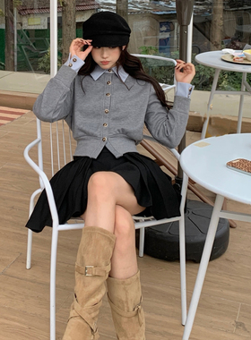 OUT OF OCEAN 25AW 芭蕾风百褶裙撞色拼接假两件衬衫领开衫外套装