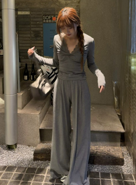 OUTOFOCEAN 25AW 扭结蕾丝慵懒风针织打底宽松垂感阔腿卫裤两件套