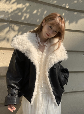 OUT OF OCEAN 25AW “黑山羊外套”小羊羔毛毛短宽皮衣外套翻领冬