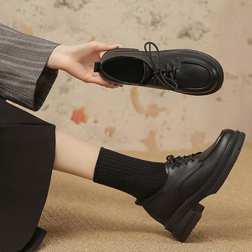 粗跟小皮鞋系带英伦风