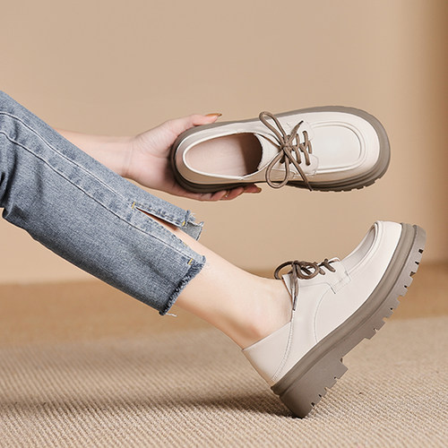 厚底小皮鞋单鞋英伦粗跟系带单鞋