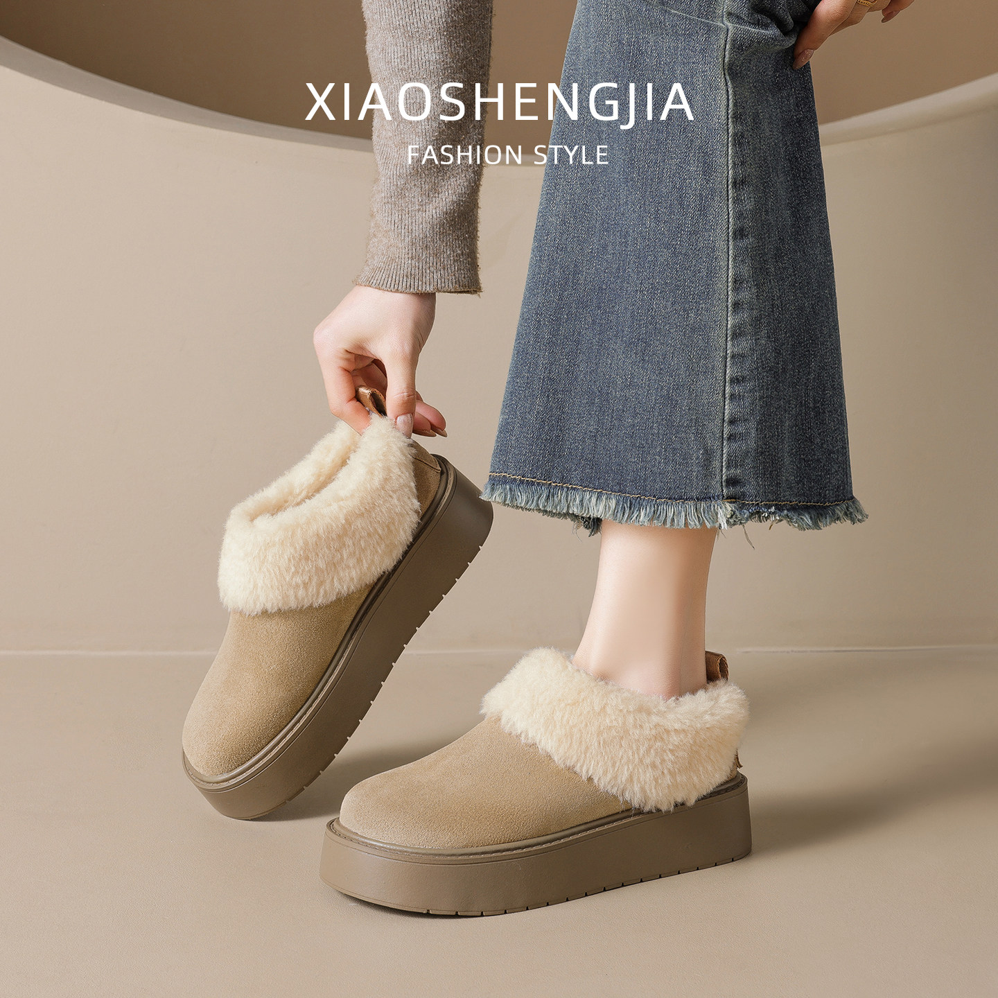 厚底加绒低帮雪地靴冬季新款懒人毛毛鞋一脚蹬棉鞋大码女鞋41到43