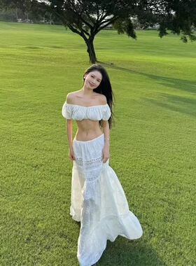 AM 海岛穿搭 白色抹胸女上衣长裙性感比基尼三件套海边度假拍照