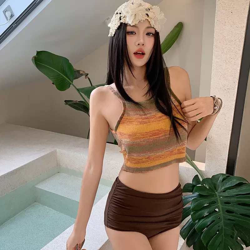 AM 美式彩虹 夏季新款条纹百搭吊带背心比基尼分体泳衣女海边度假