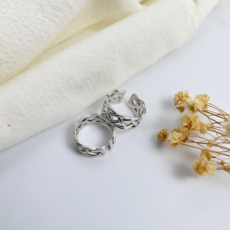 S925纯银复古编织纹理开口戒指