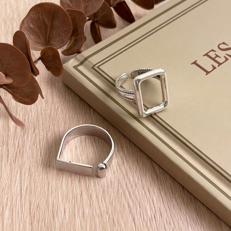 S925纯银方形镂空复古戒指