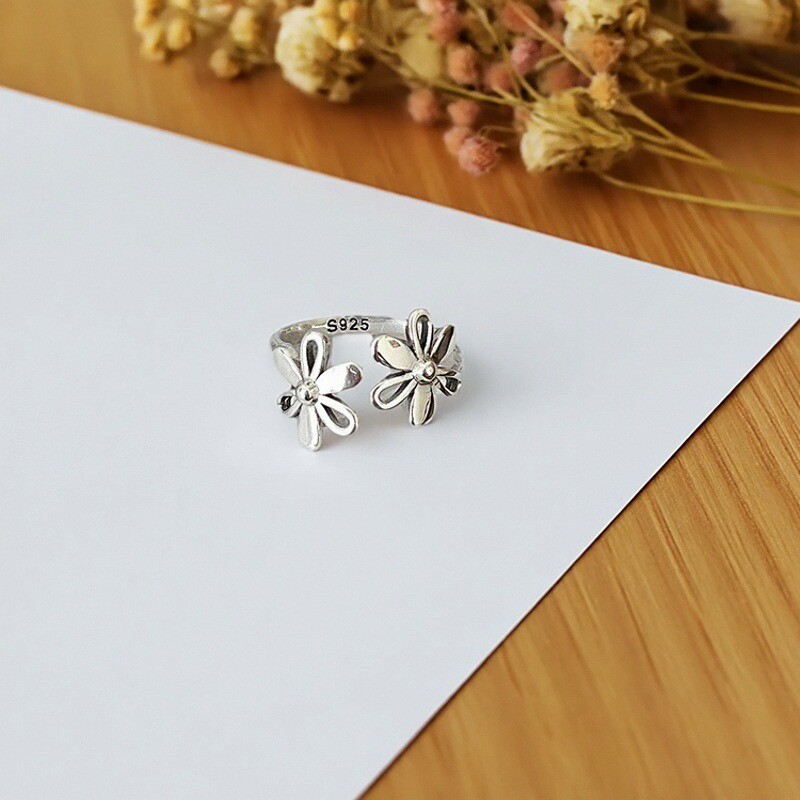 S925银花朵戒指女开口可调节