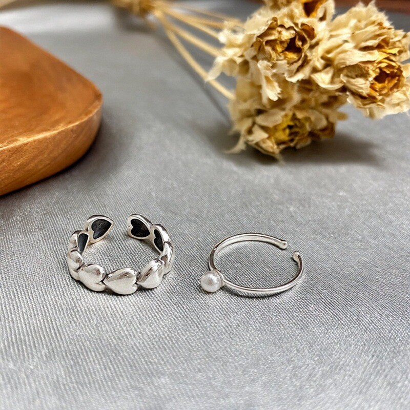 S925纯银心形珍珠开口戒指可调