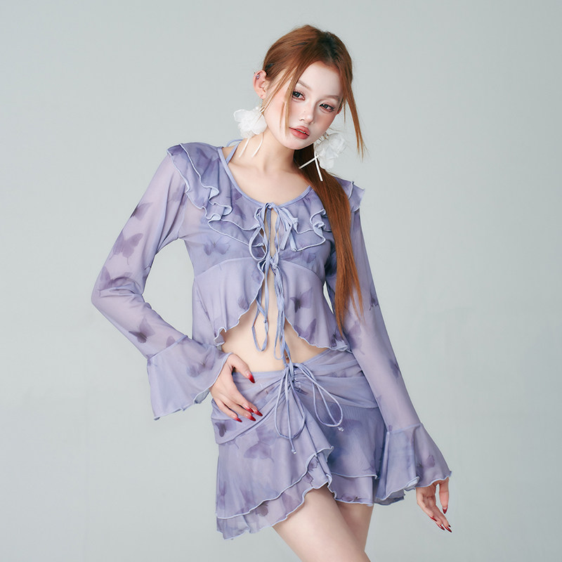 洛可可【紫苏情话】仙女范温泉度假分体泳衣女比基尼四件套小胸聚