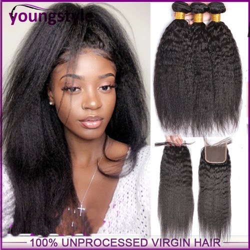 3pcs Yaki kinky straight peruvian human hair with closure