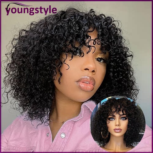 Short Bob Wig With Bangs Water Wave Indian Human Hair Wig10A
