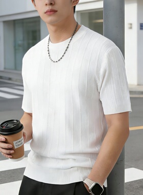 2026新款短袖t恤男夏季韩版潮流简约针织半袖上衣港风宽松休闲潮