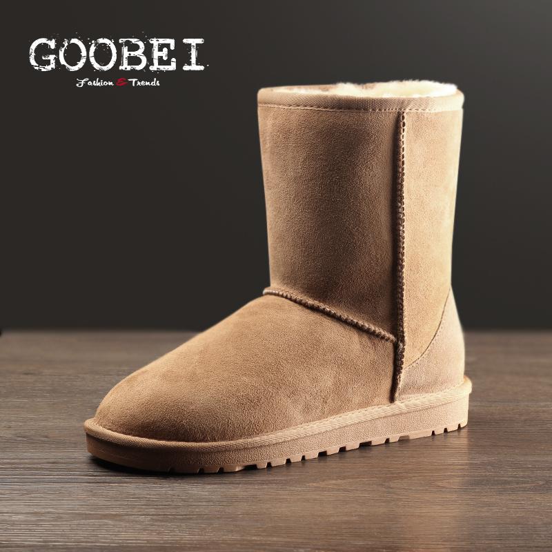 GOOBEI古贝基础款雪地靴男女加厚中高筒纯羊皮毛一体冬季保暖棉鞋