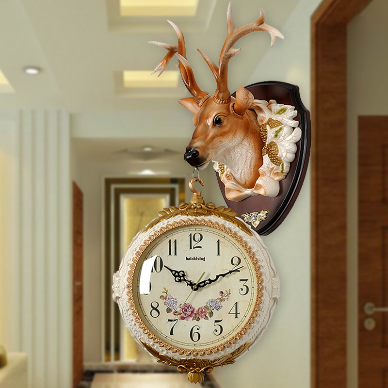 个性鹿头装饰壁挂时尚静音挂表美式家用双面挂钟客厅钟表欧式创意