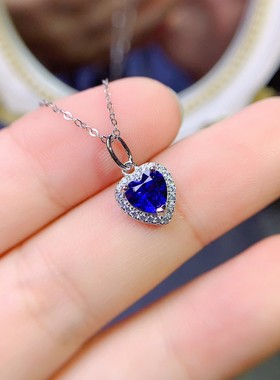 天然蓝宝石心形项链满钻时尚简约爱心高碳钻冰花925银镶嵌真品