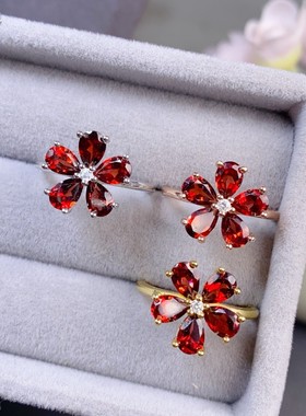 天然石榴石戒指女925银镶嵌时尚宝石生日礼物送女友不掉色