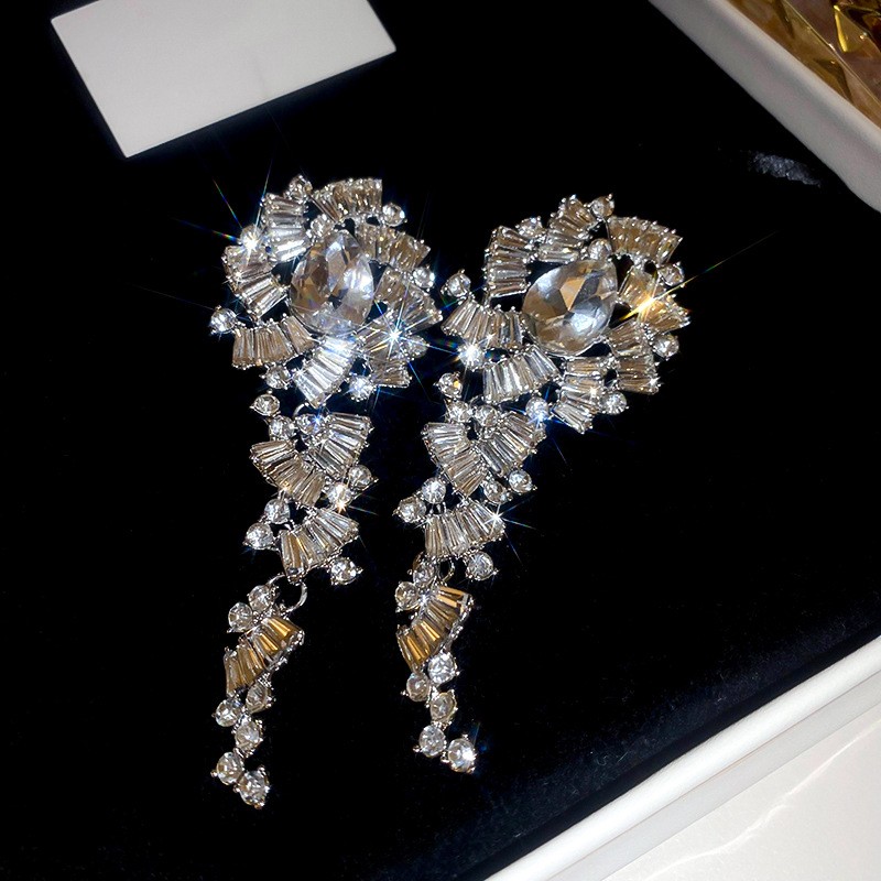 超闪奢华夸张锆石水晶长款耳坠欧美大气高级感舞会晚宴名媛风耳环