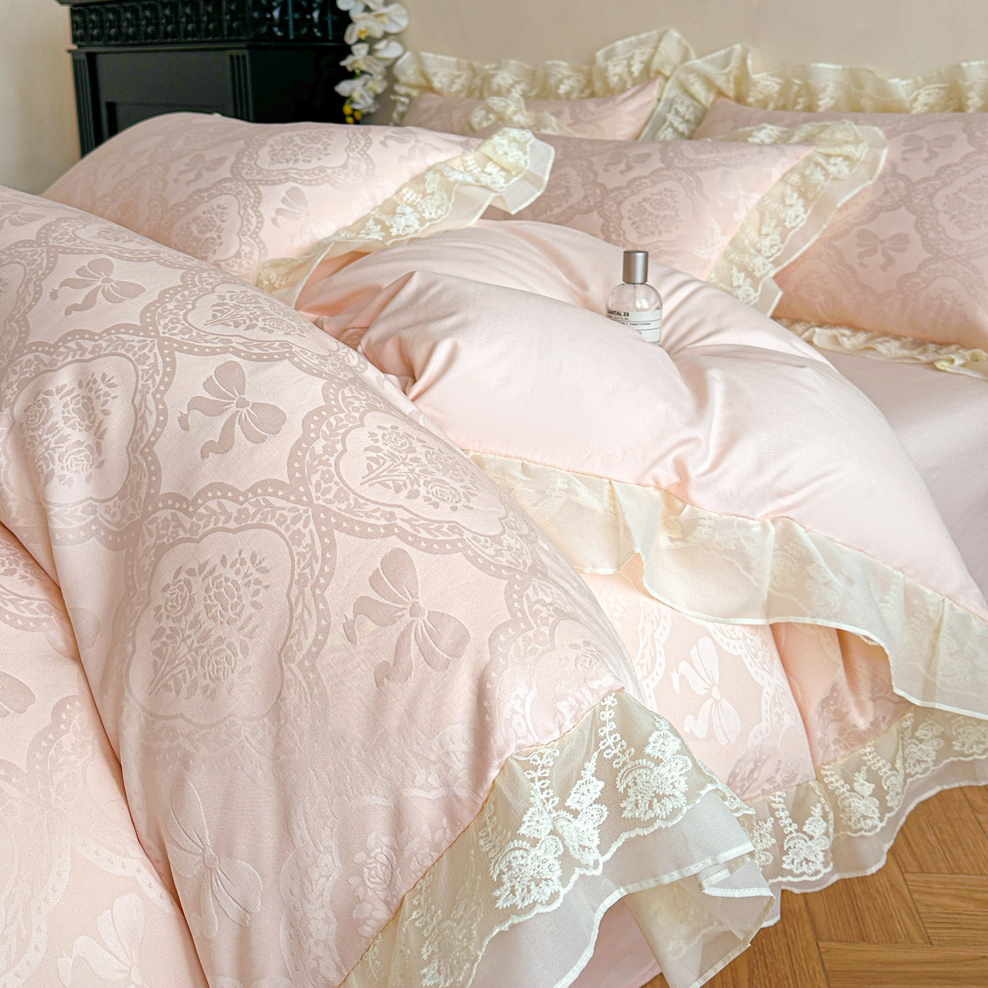 公主风床上用品四件套立体提花刺绣雪纺双层花边纯棉全棉被套床单