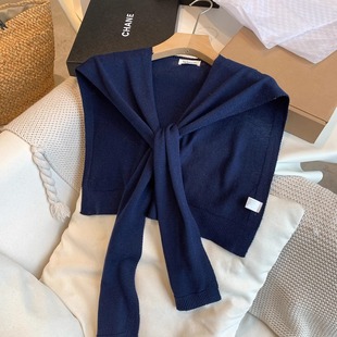 自留藏青色羊毛混纺针织披肩女外搭2026新款时尚打结衬衫小坎肩女