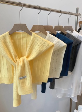 超好看黄色镂空针织披肩女韩版ins春秋百搭洋气打结空调房坎肩女