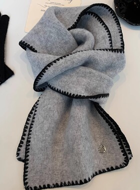 撞色锁边羊毛混纺针织围巾女冬季2025新款时尚设计感保暖软糯围脖