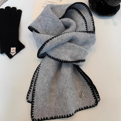 撞色锁边羊毛混纺针织围巾女冬季2025新款时尚设计感保暖软糯围脖