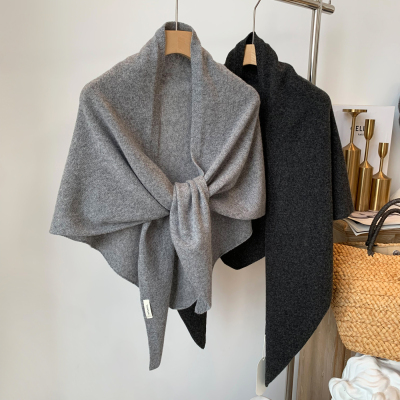 100%全羊毛大三角披肩女外搭秋冬季纯色百搭护颈坎肩打结围巾女潮
