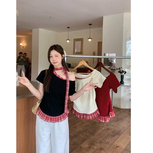 随心裁港风短袖T恤女夏季设计感露肩挂脖格子体恤显瘦上衣