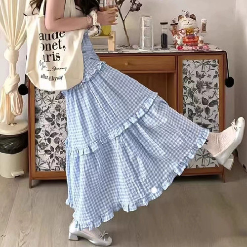 蓝白格子半身裙女春夏季2025新款花边设计感中长款高腰a字蛋糕裙
