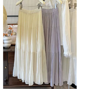 雨雾紫藤压褶温柔半身裙春秋新款宽松大裙摆A字长裙百搭半身裙女