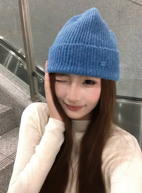 SLN韩版蓝色针织毛线帽女秋冬保暖显脸小街头冷帽堆堆帽潮流厚款