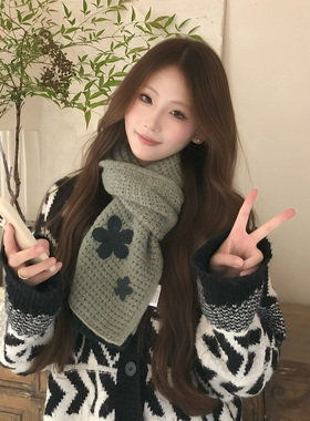 SLN 韩版长方形花朵提花针织围巾女秋冬氛围感保暖百搭毛线围脖