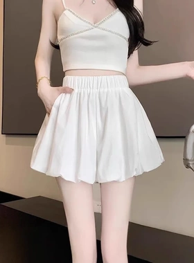 白色蓬蓬花苞短裤裙女2025春夏新款洋气减龄小个子宽松休闲灯笼裤