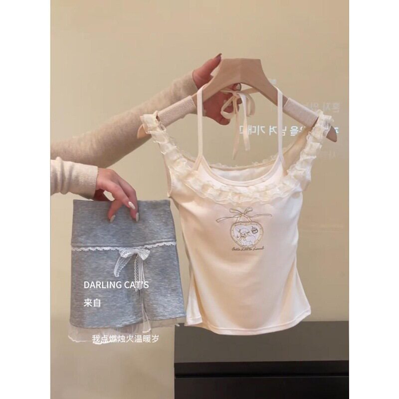 独特漂亮蕾丝花边绑带挂脖带胸垫吊带背心女夏外穿内搭美背小上衣