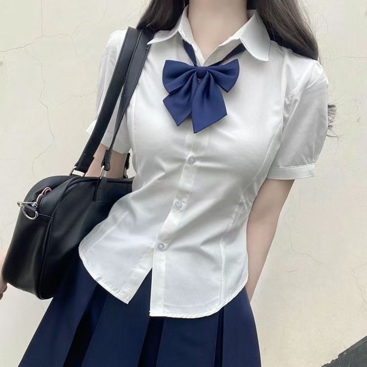 jk收腰衬衫制服上衣短袖原创正版夏季学院风泡泡袖白色衬衣套装女