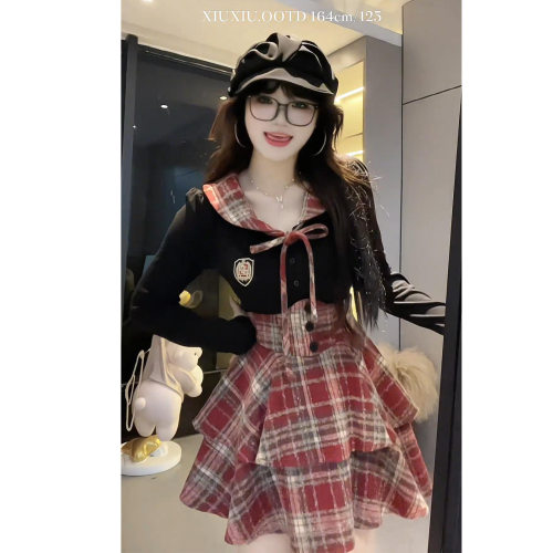 大码胖mm纯欲风jk制服套装女春秋拼接衬衫+格纹束腰裙显瘦两件套