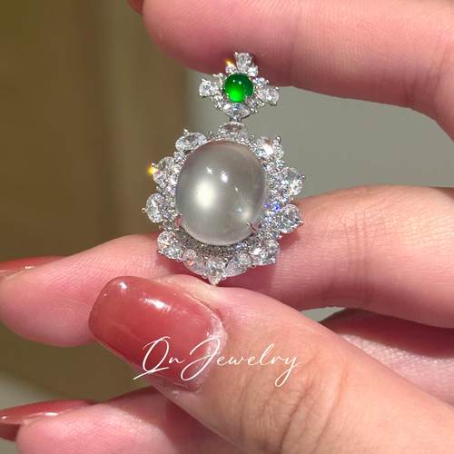QnJewelry/ 月光宝盒 天然缅甸高冰水沫玉s925纯银项链