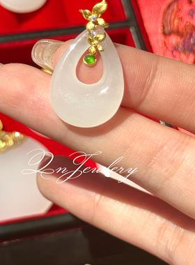 QnJewelry/ 金镶玉 双层水滴天然羊脂白玉18k金项链