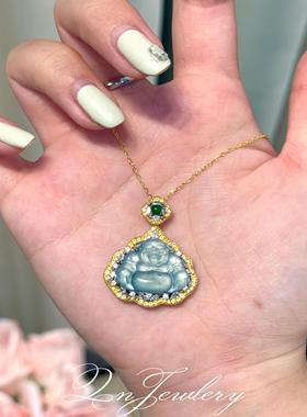 天然A货冰蓝翡翠佛公豪镶吊坠