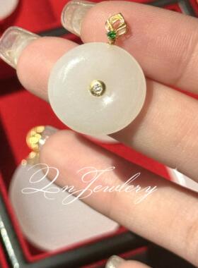 QnJewelry/ 金镶玉 平安扣天然羊脂白玉18k金项链